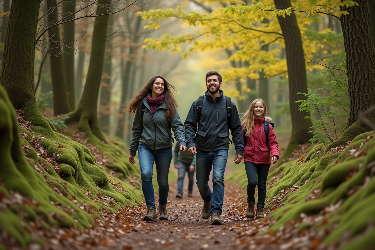 Famille en randonnée sur un sentier forestier entouré de feuillages dorés et verts, portant des vêtements de plein air décontractés