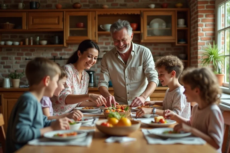 Une famille recomposée réunie autour d'un repas dominical chaleureux, parents et enfants d'âges variés partageant un moment de convivialité dans une cuisine lumineuse