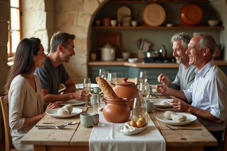 Famille française réunie autour d'un repas traditionnel dans une cuisine provençale rustique
