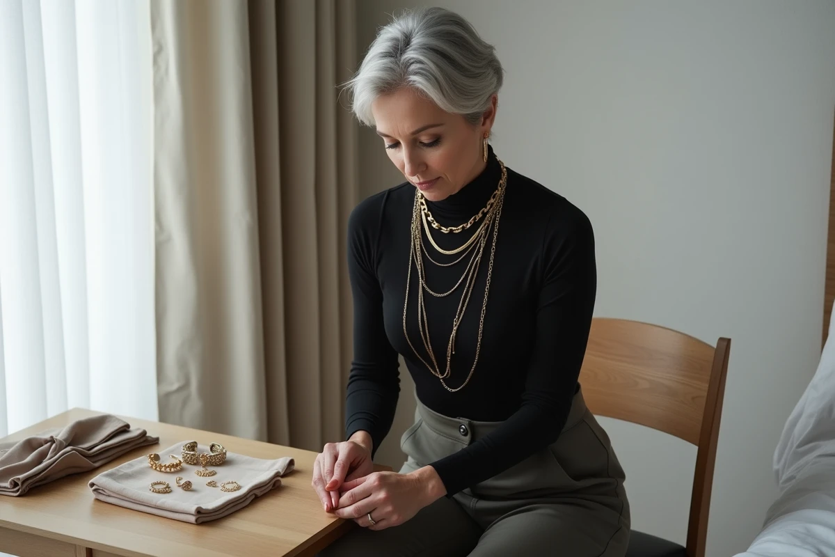 Femme mature assemblant des accessoires dorés pour finaliser son look iconique personnel