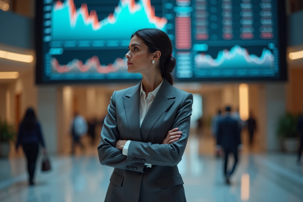 Femme d'affaires devant un tableau de bord économique dans un hall financier urbain