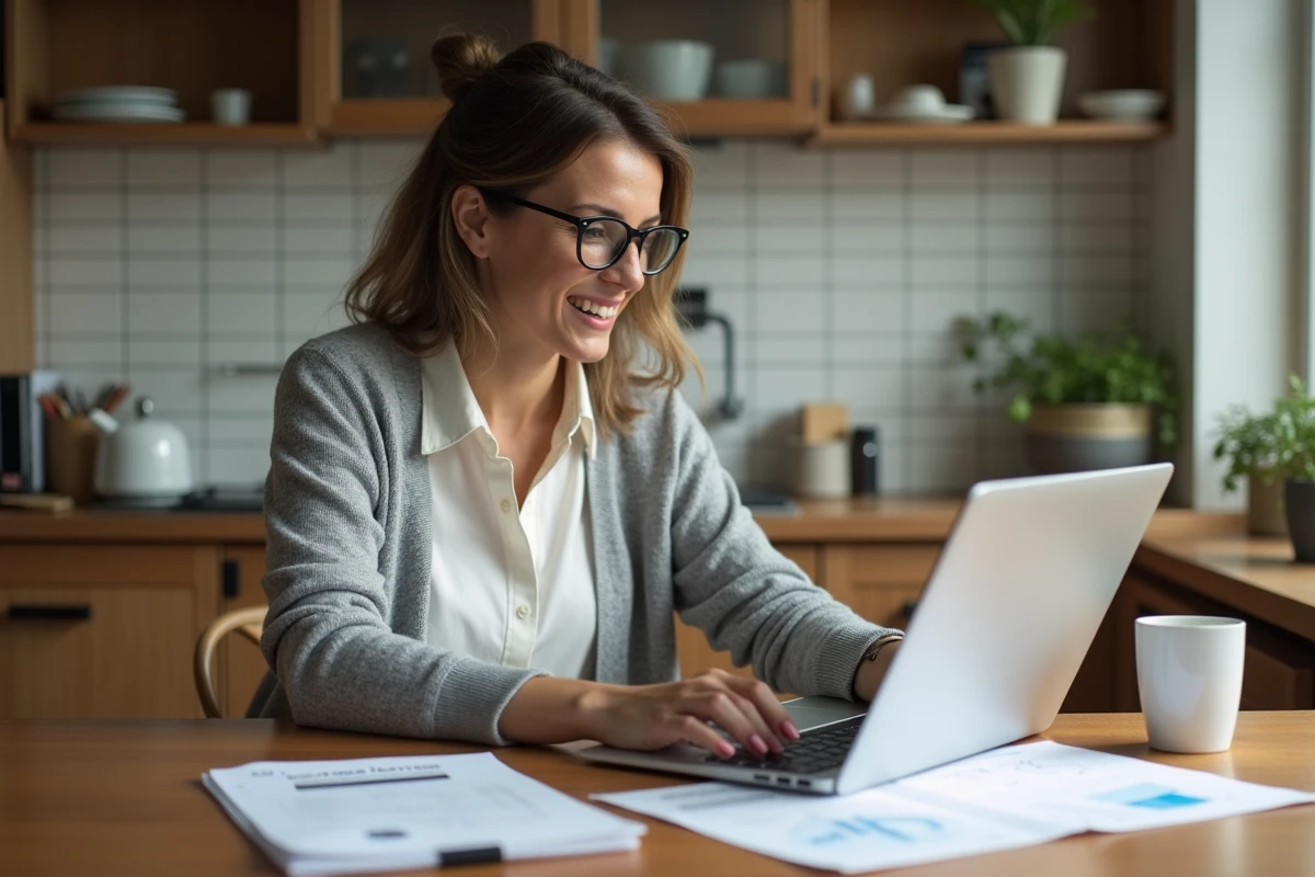 Femme analysant les termes d'une hypothèque sur son ordinateur portable à la maison
