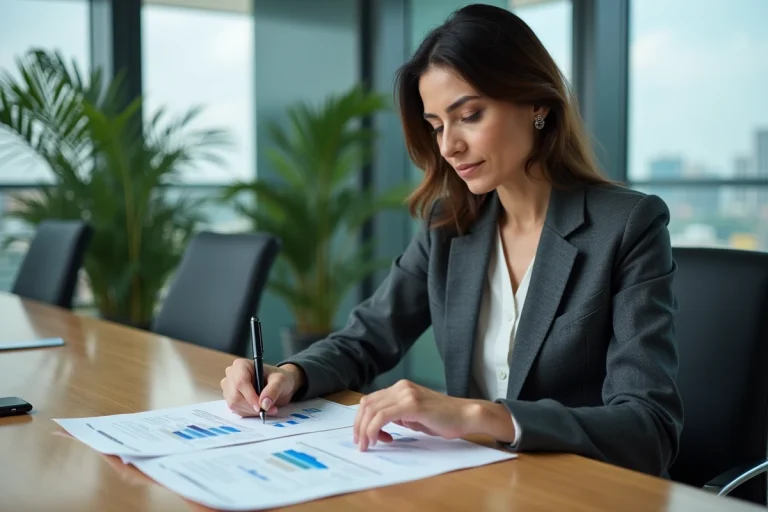 Femme analyste parcourant des rapports ESG dans une salle de réunion moderne pour évaluer des critères d'investissement éthique