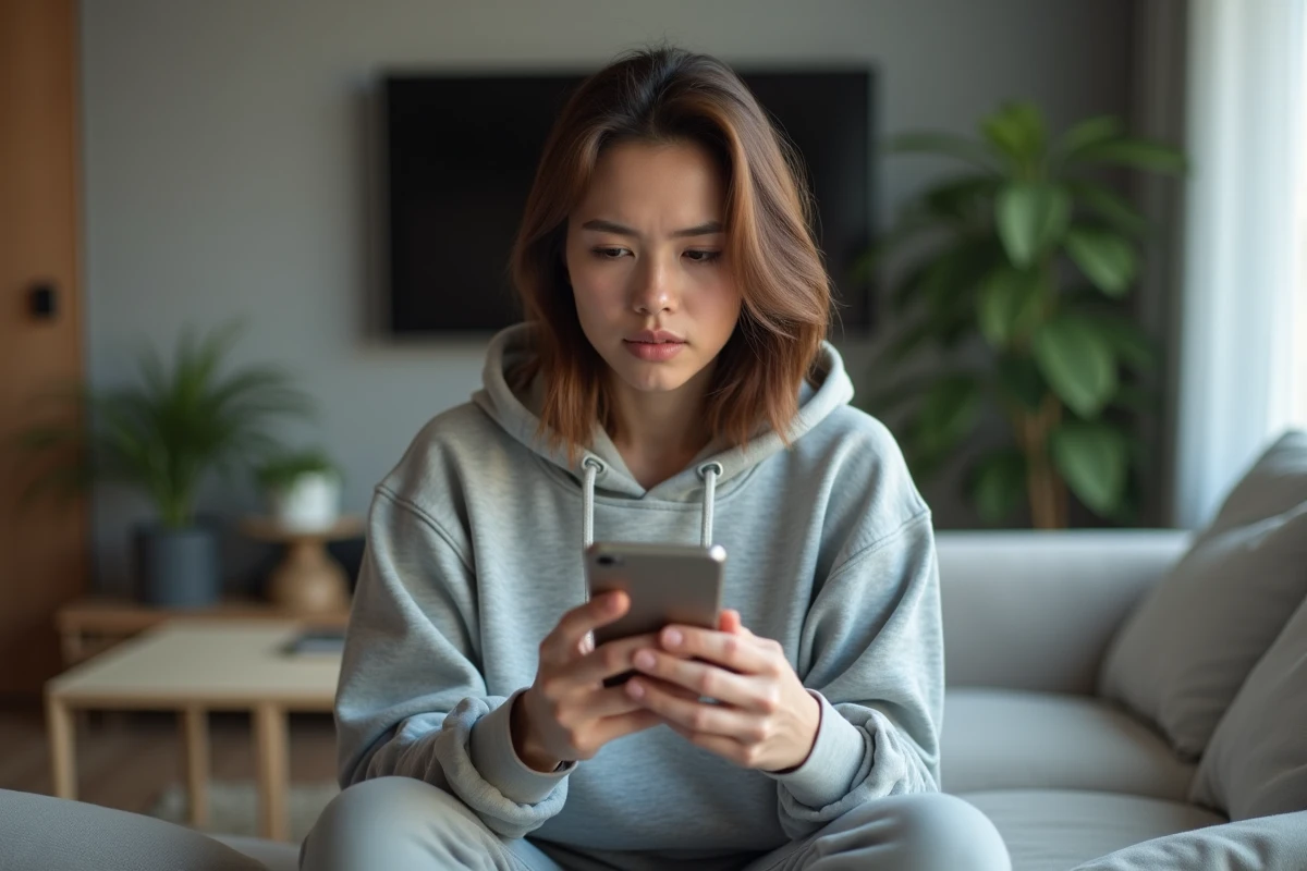 Femme évaluant une application VPN gratuite sur son smartphone dans son salon