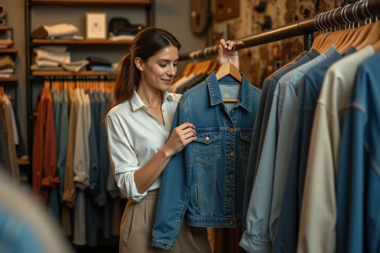 Femme examinant une veste en jean vintage dans une boutique de vêtements de seconde main