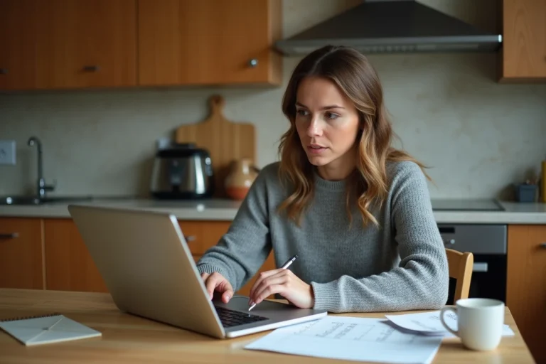 Femme en train de planifier son budget familial sur un ordinateur portable à la table de la cuisine