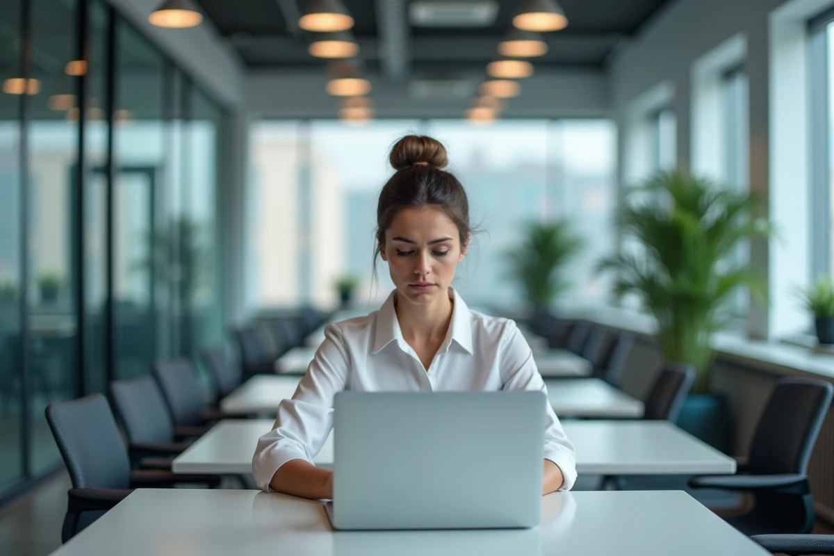 Femme cadre dans un bureau vidé contemplant un tableau de bord IA symbolisant la transformation numérique et la perte d'emplois