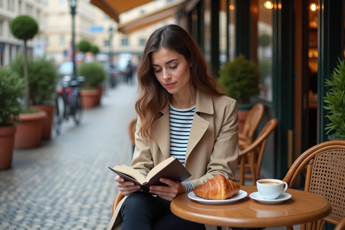 Jeune femme française lisant un livre en terrasse d'un café parisien avec un café et un croissant