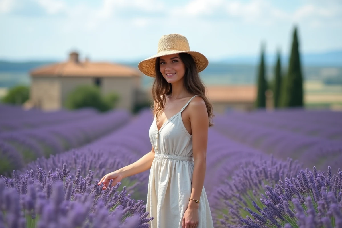 Femme en robe de lin dans un champ de lavande en Provence lors d'un séjour touristique estival