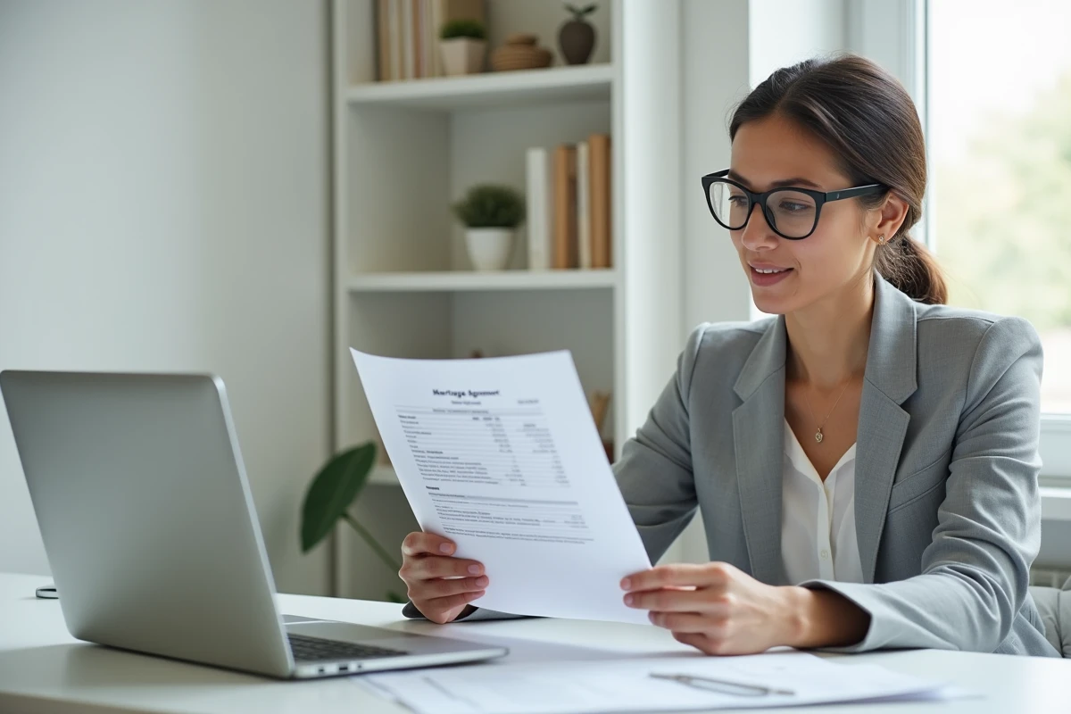 Femme examinant un contrat de courtage hypothécaire à son bureau à domicile pour comprendre qui paie les frais