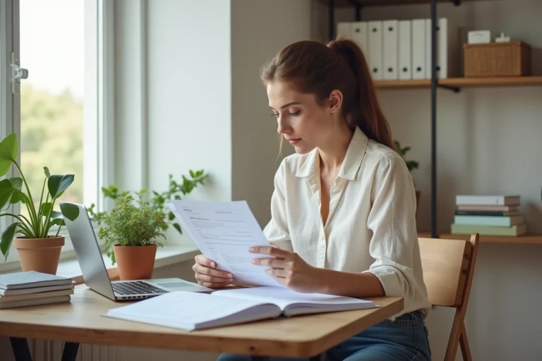Femme entrepreneur en train d'analyser des documents commerciaux dans un bureau à domicile bien organisé, illustrant la création d'entreprise accessible et simplifiée