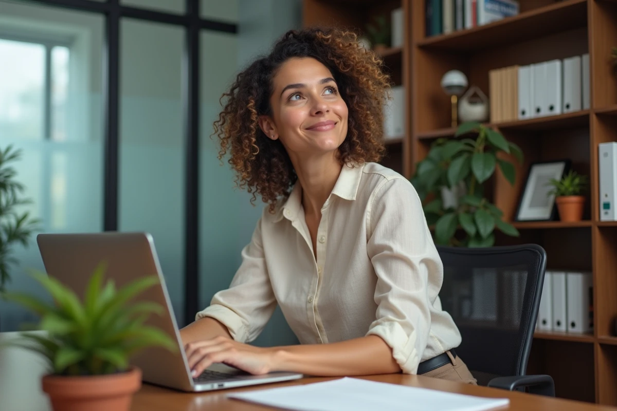 Femme professionnelle épanouie assise à son bureau personnel dans un bureau privé avec étagères et espace de travail organisé