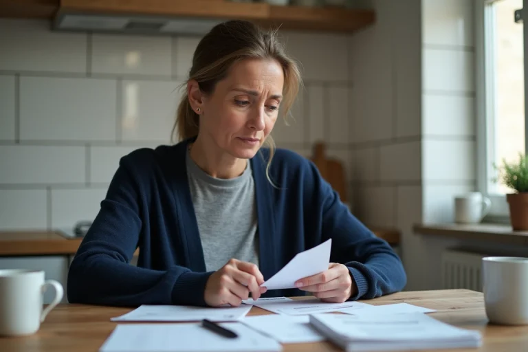 Femme consultant ses relevés bancaires et son livret d'épargne à la table de cuisine, inquiète face à l'impact de l'inflation sur ses économies
