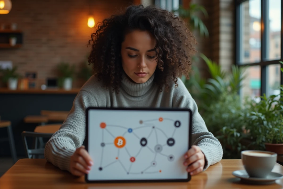 Femme étudiant une carte visuelle des blockchains indépendantes dont Bitcoin Ethereum et Solana sur une tablette dans un café