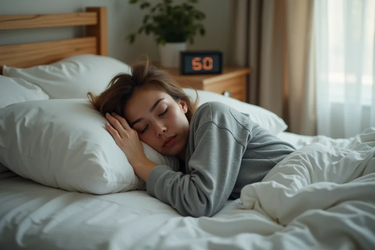 Femme fatiguée au réveil avec manque de sommeil, cernes visibles, allongée dans un lit blanc le matin