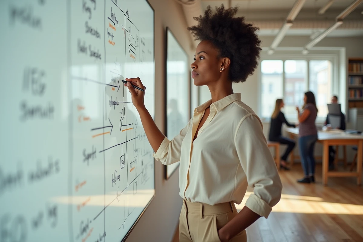 Femme investisseuse élaborant une stratégie d'investissement sur un tableau blanc dans un espace de coworking moderne
