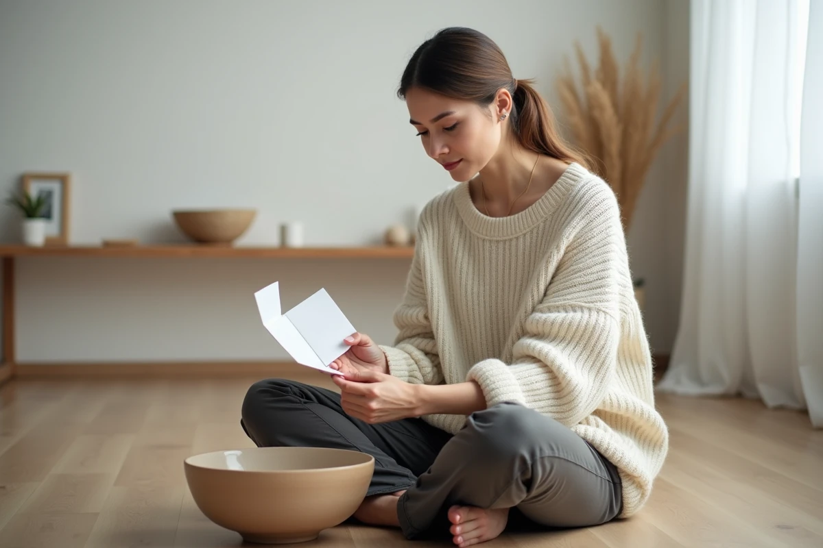 Femme relâchant une lettre dans un bol en céramique, geste symbolique de se libérer des souvenirs et du passé