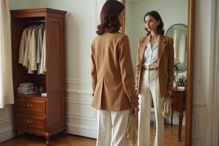 Femme élégante dans un appartement parisien créant son look iconique devant un miroir