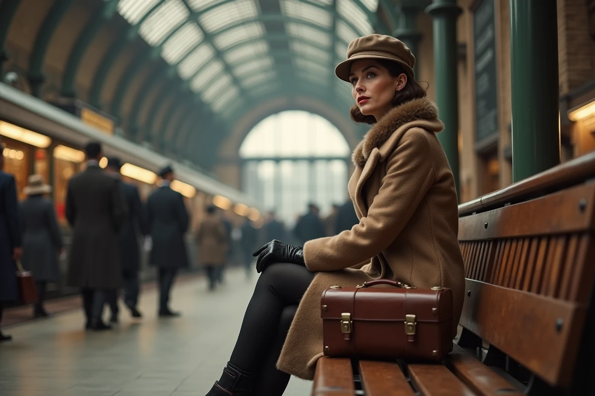 Femme élégante en manteau et chapeau cloche des années 1920 assise dans une gare historique