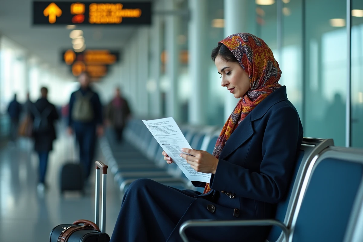 Femme migrante lisant une fiche d'information dans un hall de transit aéroport international, contexte migratoire ONU