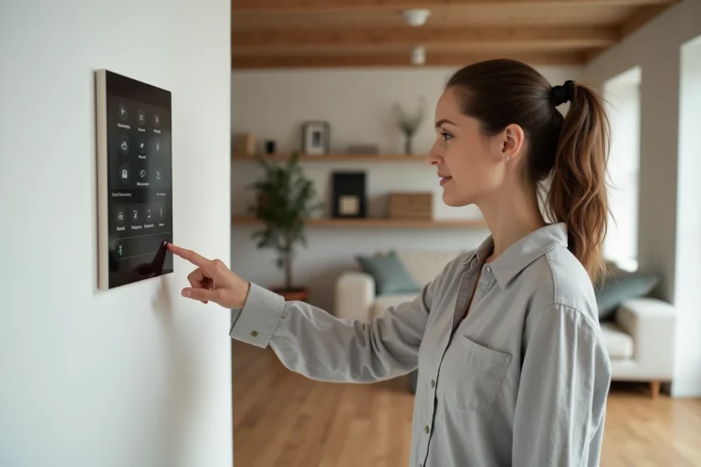 Femme utilisant un panneau de contrôle de maison intelligente dans un salon moderne connecté