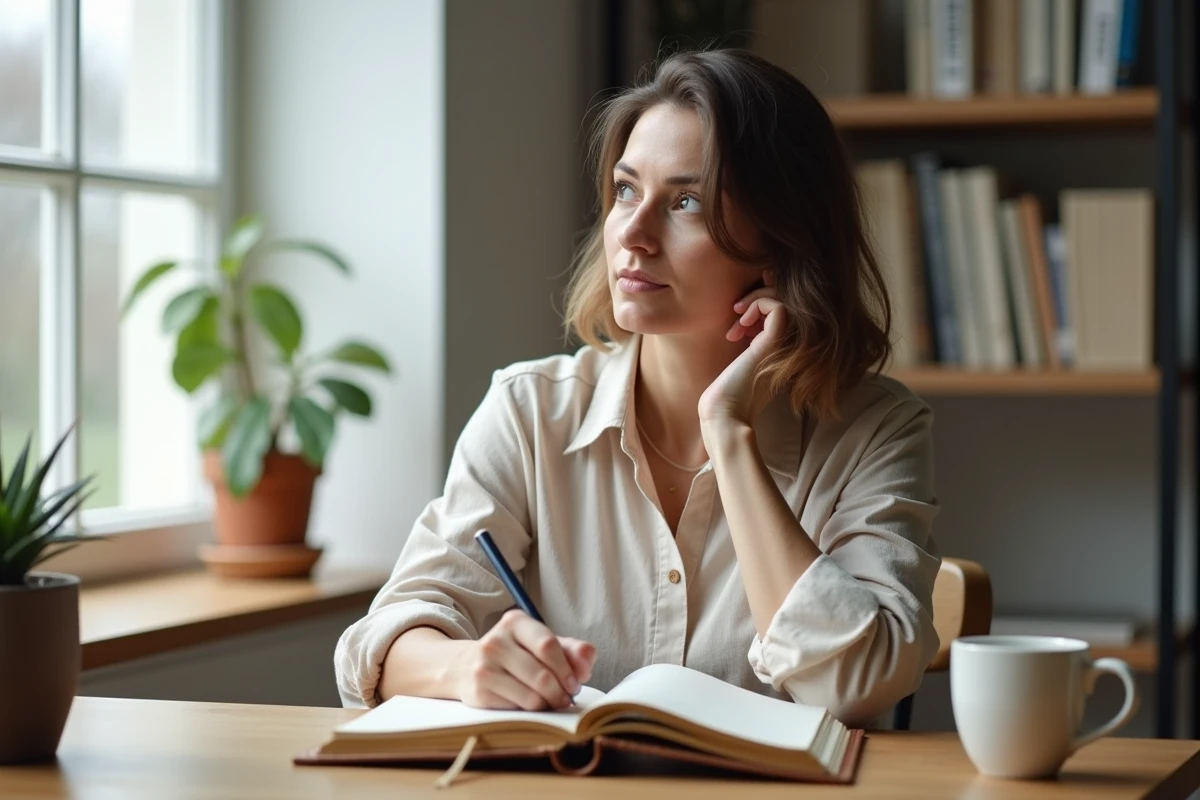 Femme réfléchissant à ses valeurs personnelles en écrivant dans un journal intime dans un bureau minimaliste