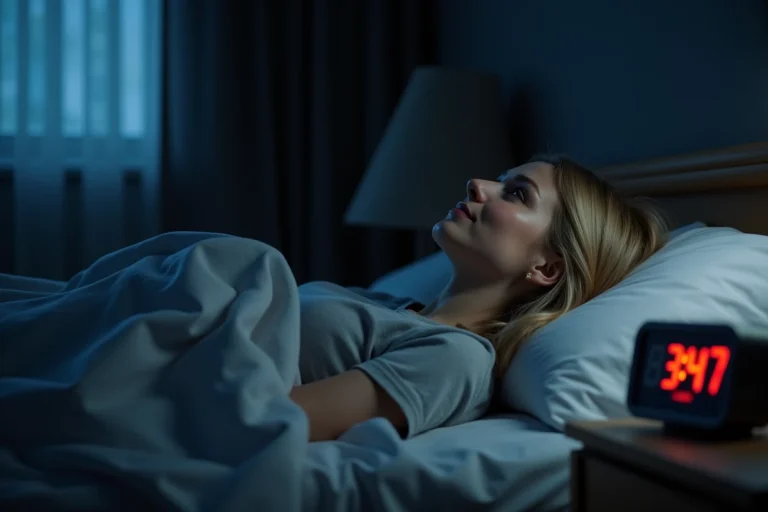 Femme réveillée à 3h47 du matin allongée dans son lit les yeux grands ouverts