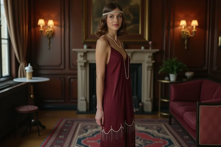 Femme en robe flapper des années 1920 avec franges et perles dans un salon parisien vintage