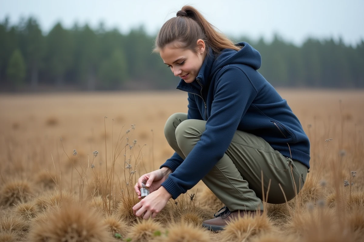Jeune femme scientifique travaillant seule sur le terrain en pleine nature, illustration d'un métier indépendant pour les personnes solitaires