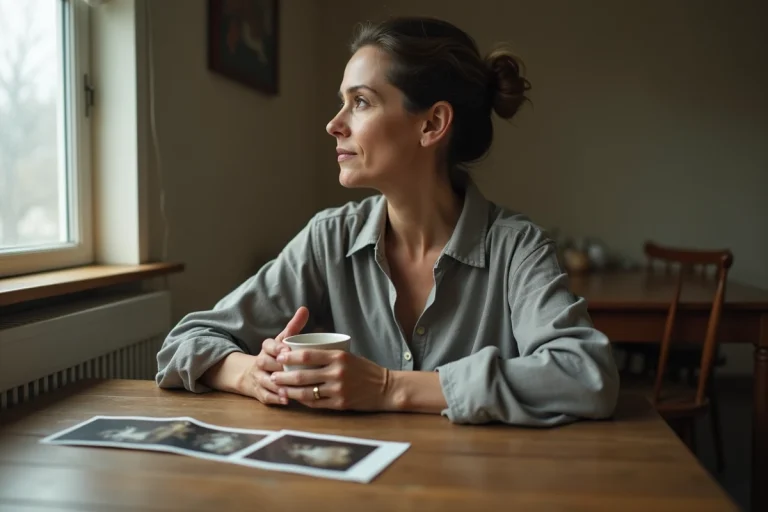 Femme contemplative assise à une table avec de vieilles photographies, symbolisant le processus de se détacher des souvenirs