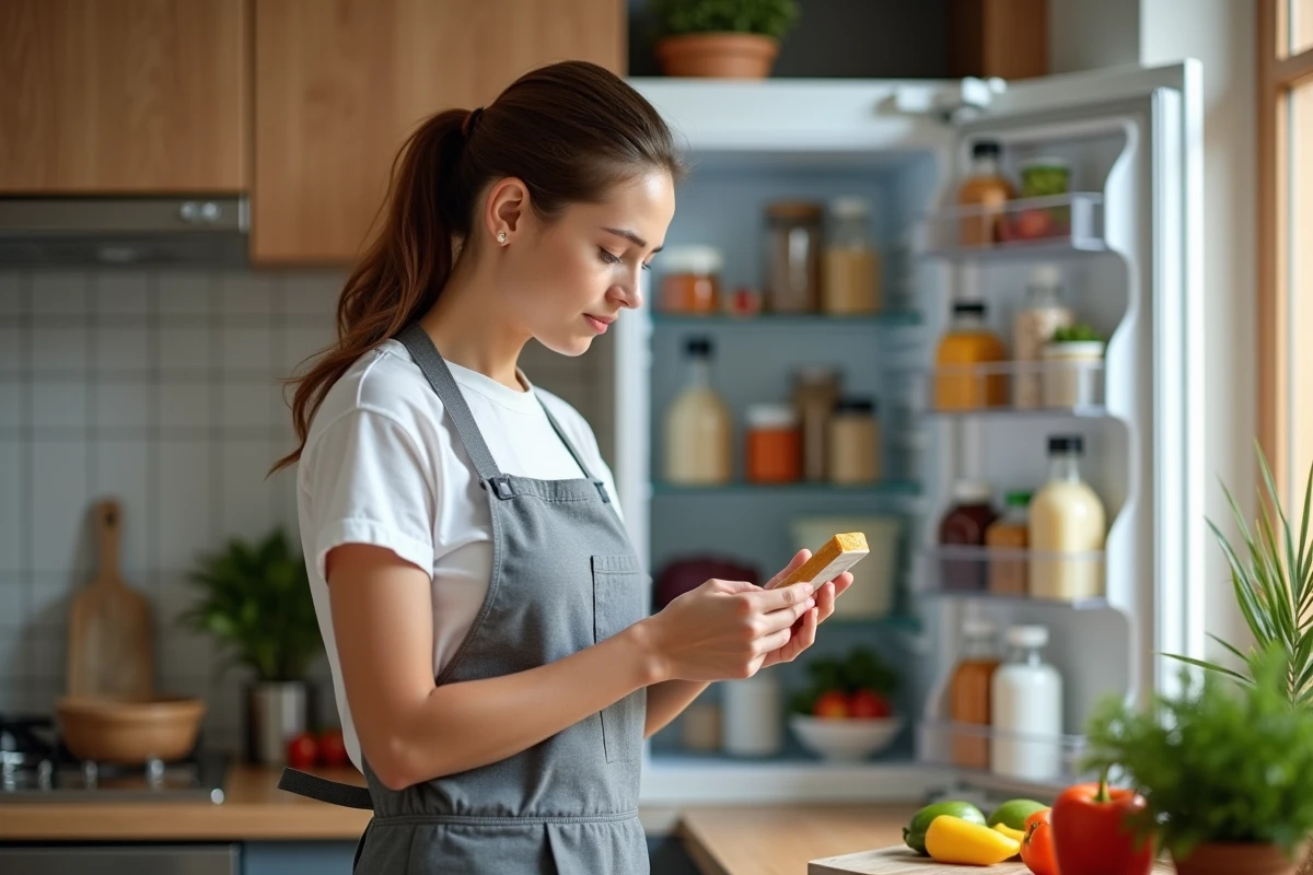 Femme lisant l'étiquette d'un produit alimentaire dans une cuisine moderne pour vérifier les aliments interdits