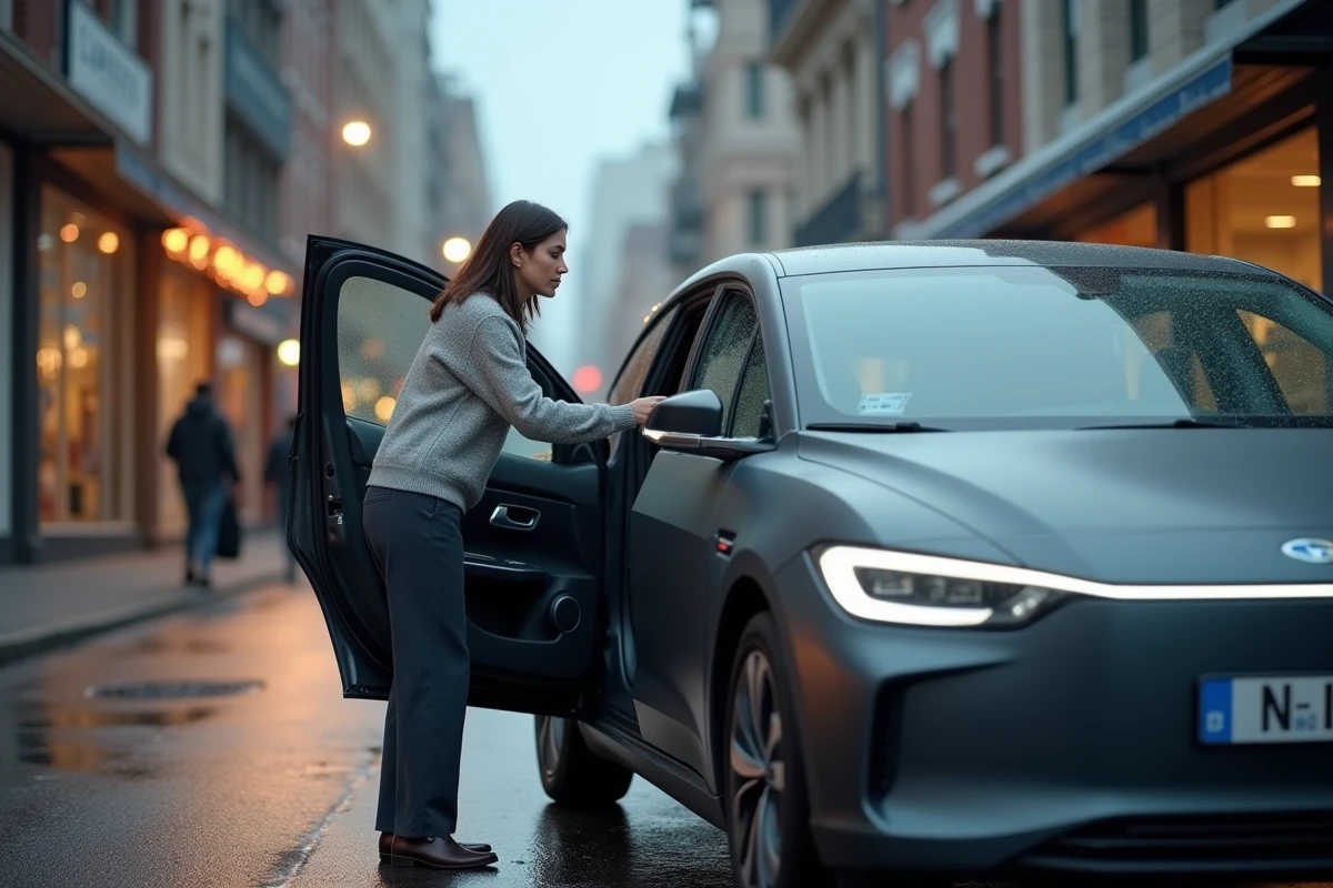 Femme observant l'instrumentation de sa voiture électrique en mode B ou D garée dans une rue urbaine