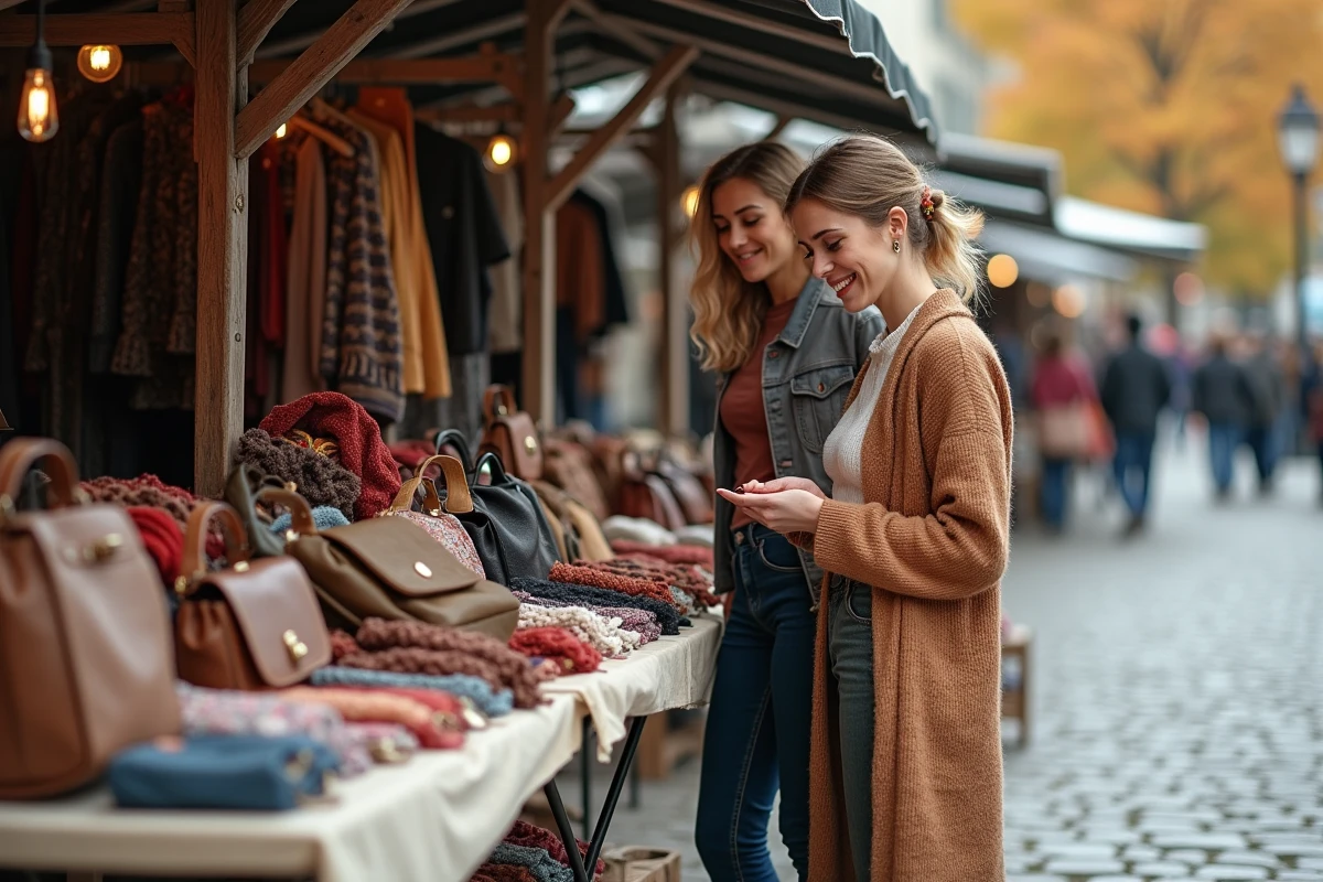 Deux femmes faisant du shopping dans un marché aux puces en plein air avec des vêtements et accessoires de seconde main