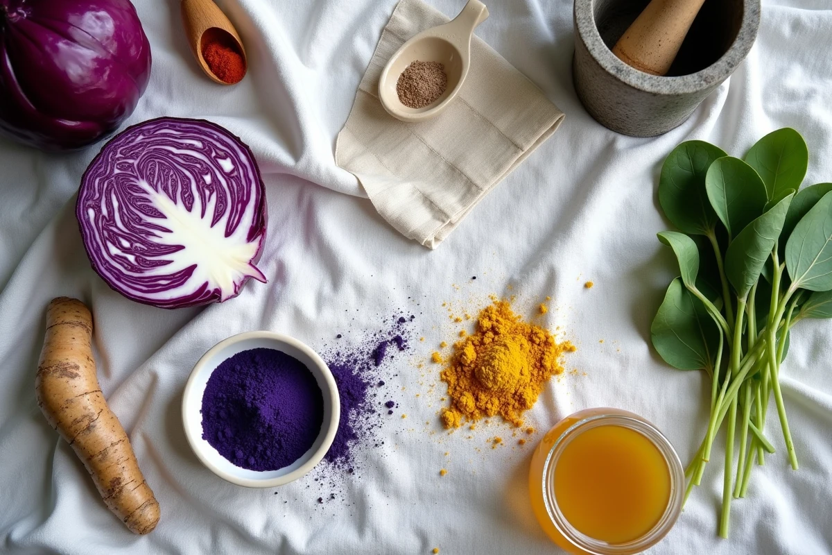 Vue de dessus d'ingrédients végétaux et de pigments naturels extraits disposés en flat-lay sur lin blanc