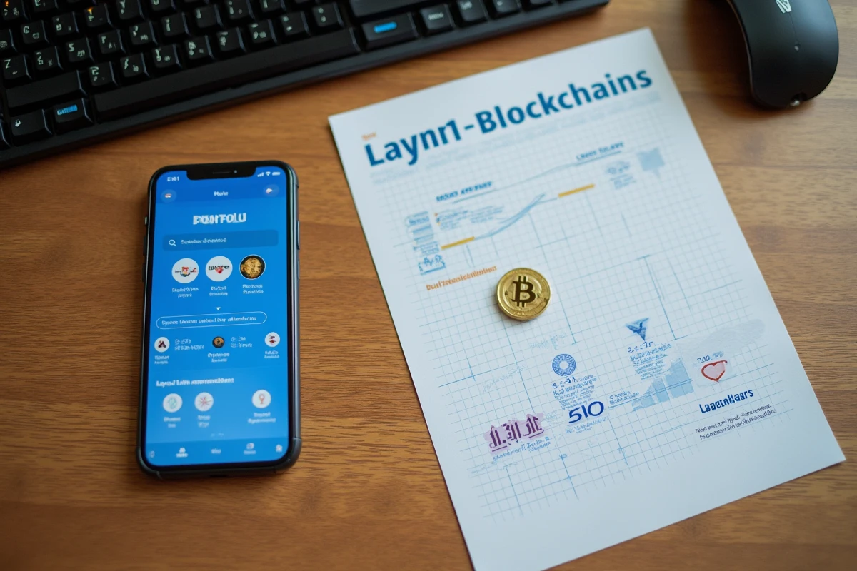 Vue aérienne d'un bureau avec smartphone affichant un portfolio crypto infographie des blockchains Layer-1 et une pièce Bitcoin