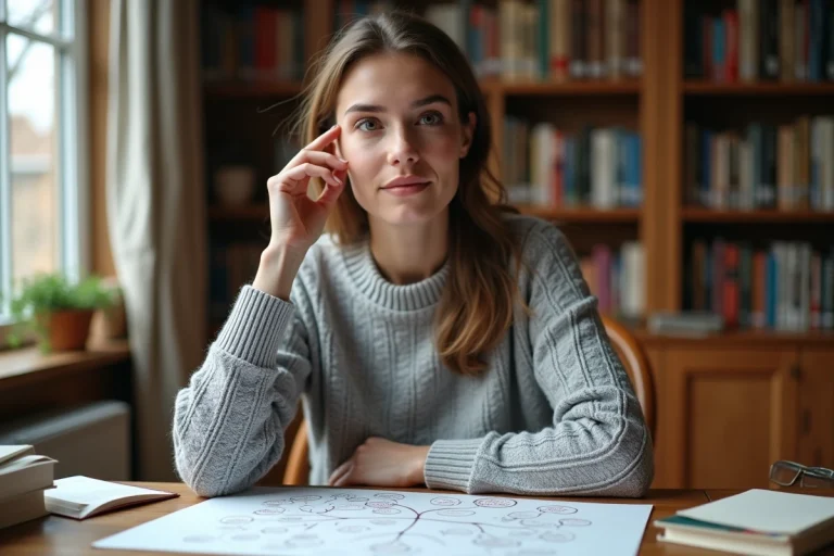 Femme concentrée devant un schéma mental représentant les fonctions cognitives humaines