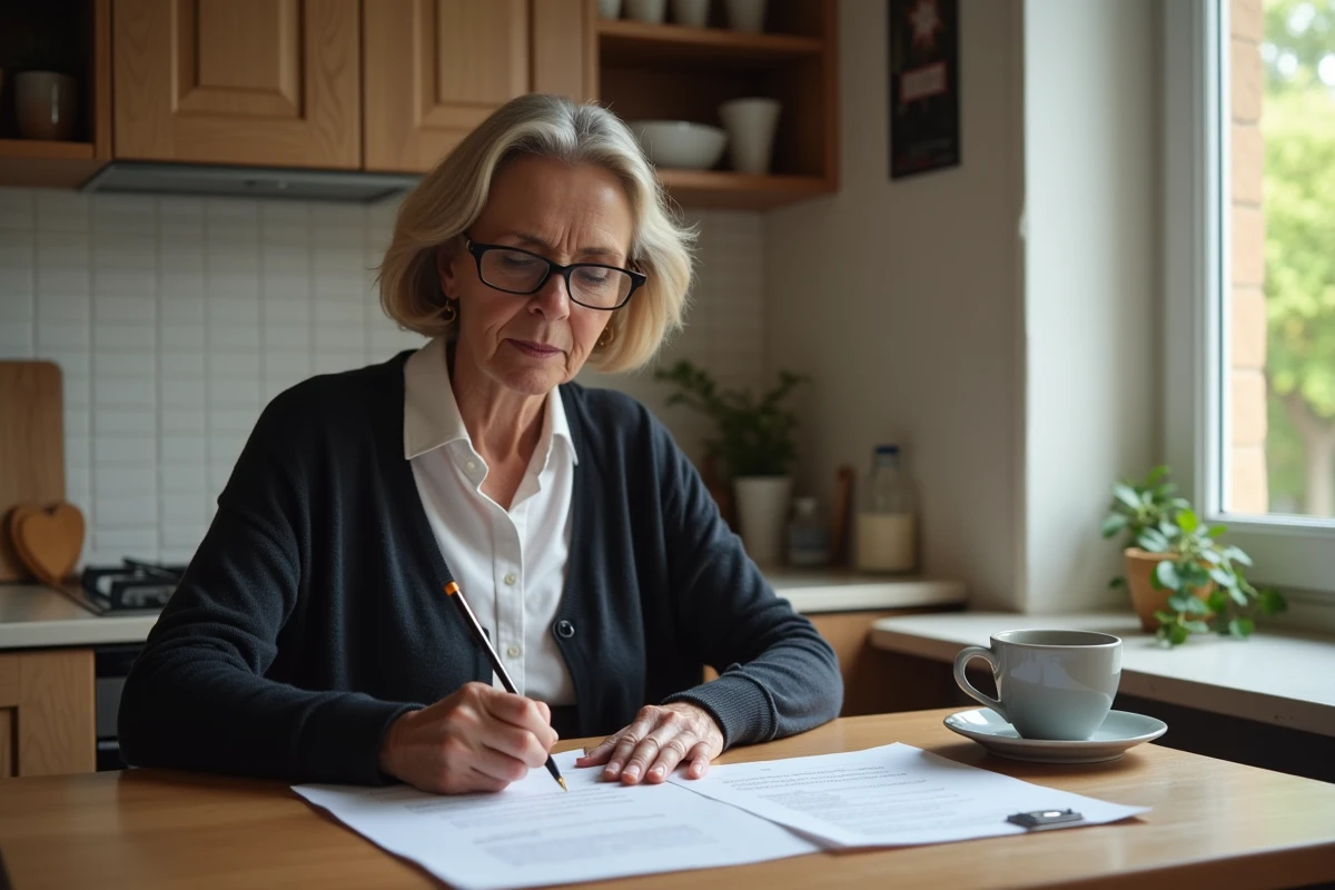 Femme remplissant un formulaire de doléance à domicile dans une cuisine française