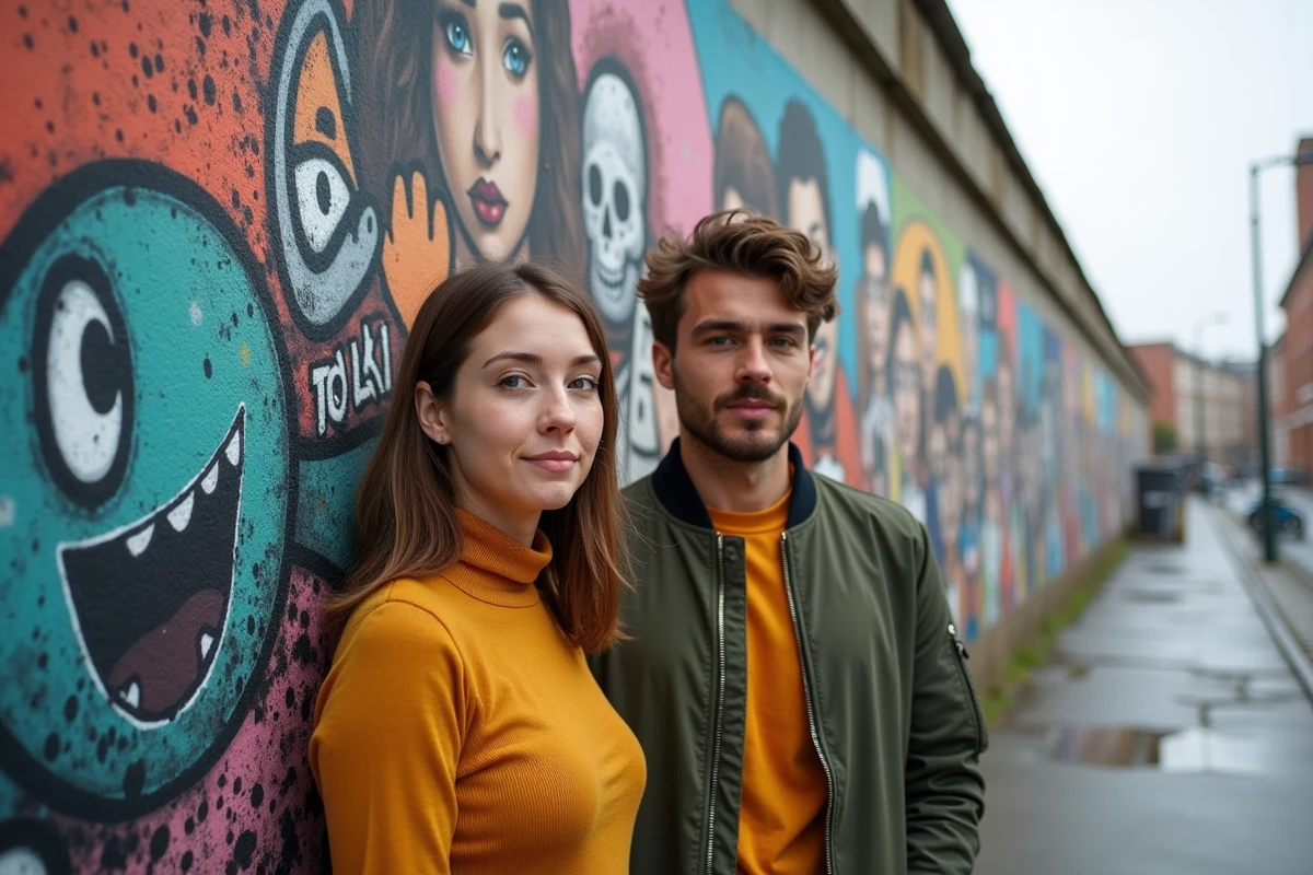 Deux jeunes adultes devant une fresque murale urbaine mêlant pop art et street art dans un quartier industriel