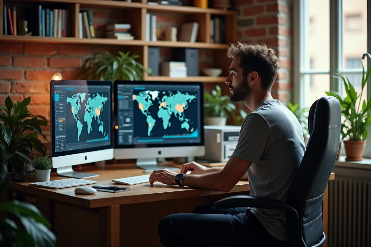 Homme travaillant depuis un bureau à domicile avec plusieurs écrans affichant des logiciels de chaîne d'approvisionnement mondiale et des données économiques mondiales