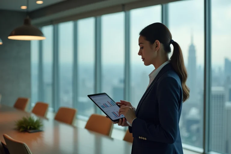 Femme cadre analysant un tableau de bord numérique dans un bureau moderne avec vue sur la ville, illustrant la transformation technologique de la gestion des opérations mondiales