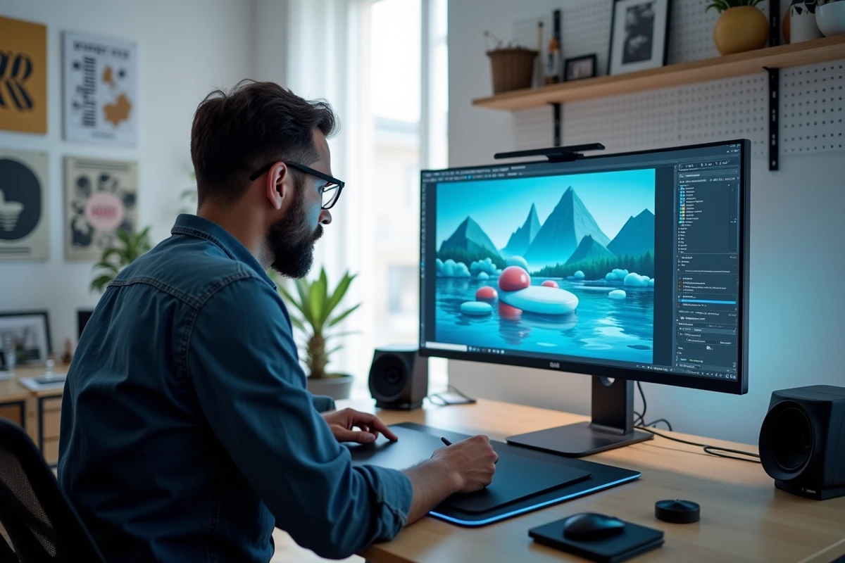 Graphiste adulte travaillant sur une illustration numérique 2D avec tablette graphique dans un studio moderne