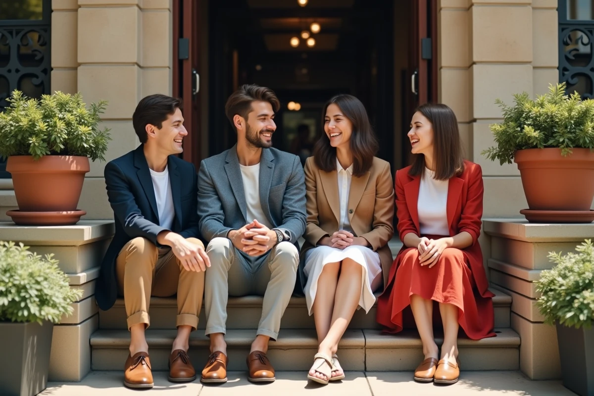 Groupe d'amis bien habillés en tenues smart-casual sur les marches d'un lieu de réception, illustration des codes vestimentaires selon les occasions