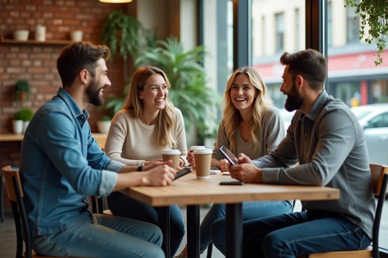 Groupe de millennials trentenaires discutant autour d'un café dans un bar urbain tendance