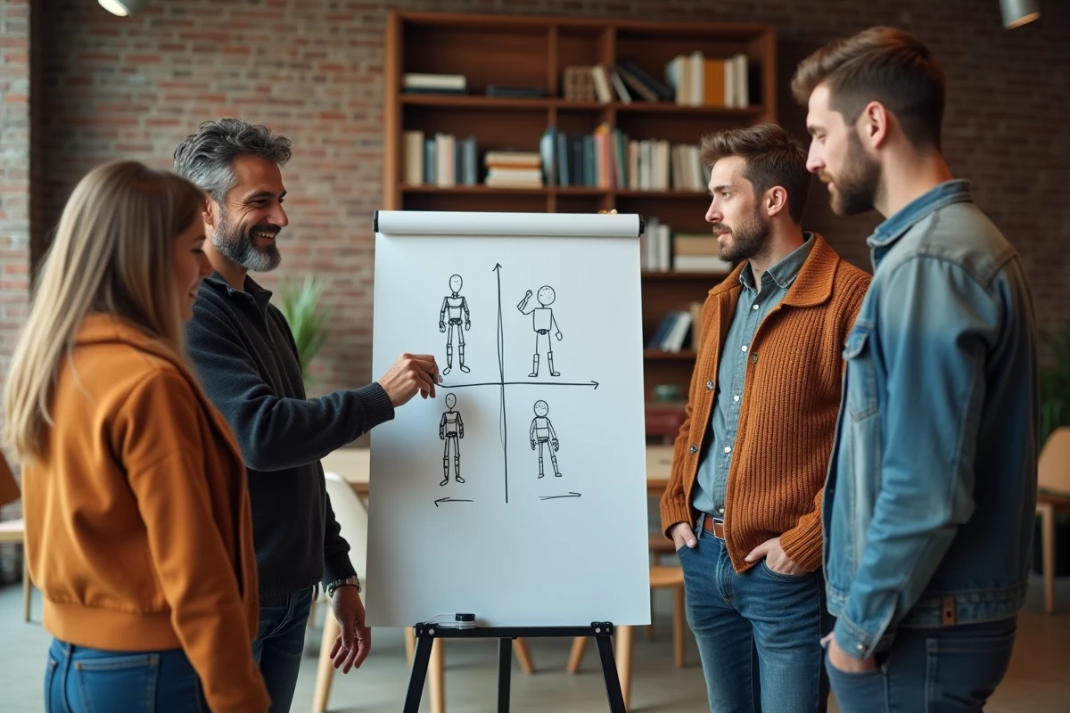 Groupe de professionnels débattant de l'impact de l'intelligence artificielle sur les métiers autour d'un tableau blanc