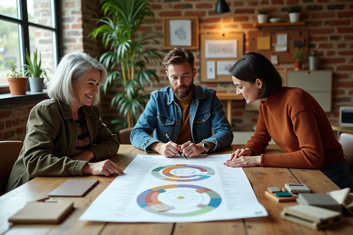 Équipe de professionnels collaborant sur une frise chronologique de l'histoire de l'économie circulaire dans un studio de design durable