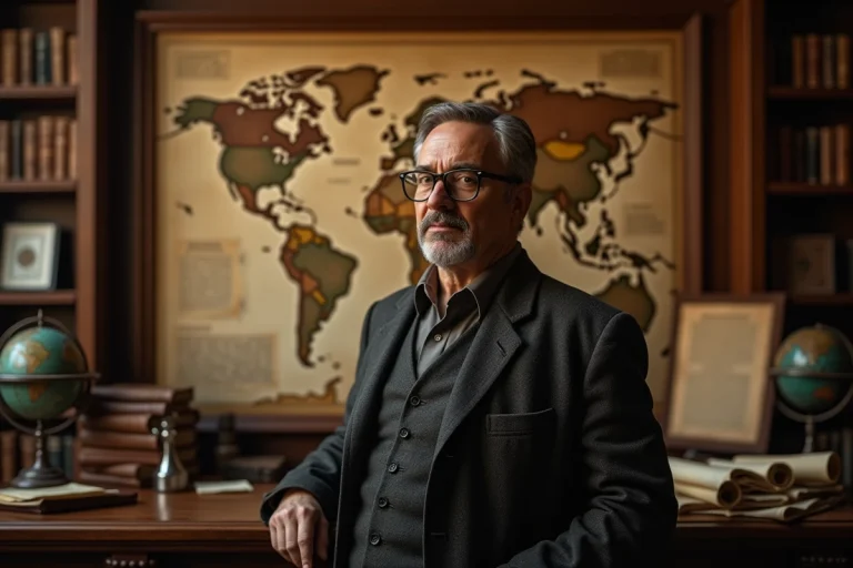 Historien réfléchi devant une carte du monde ancienne dans une bibliothèque, illustrant l'influence historique sur le monde