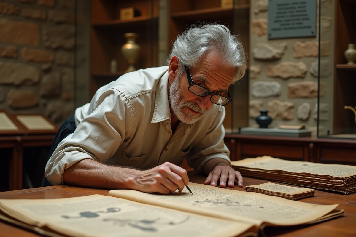 Historien âgé examinant des manuscrits médicaux anciens et des instruments chirurgicaux grecs dans une salle de conservation muséale