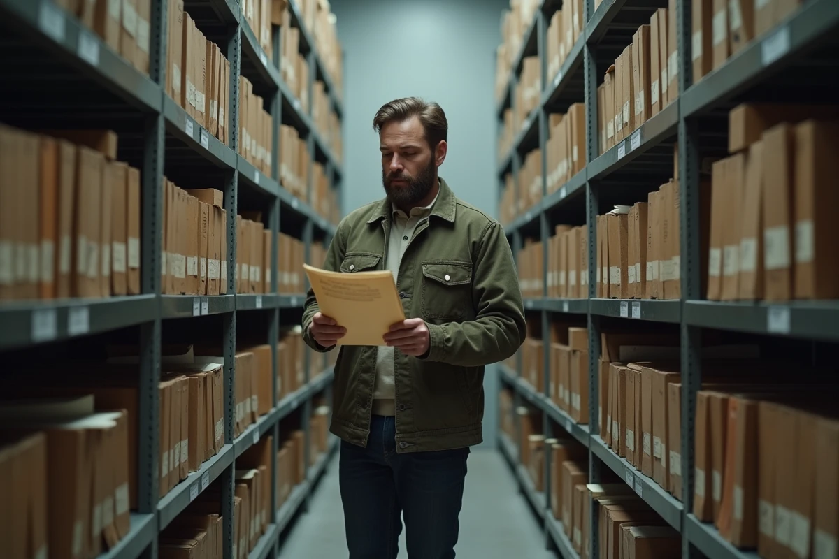Homme seul dans une bibliothèque d'archives consultants des documents, métaphore visuelle des métiers adaptés aux personnalités solitaires