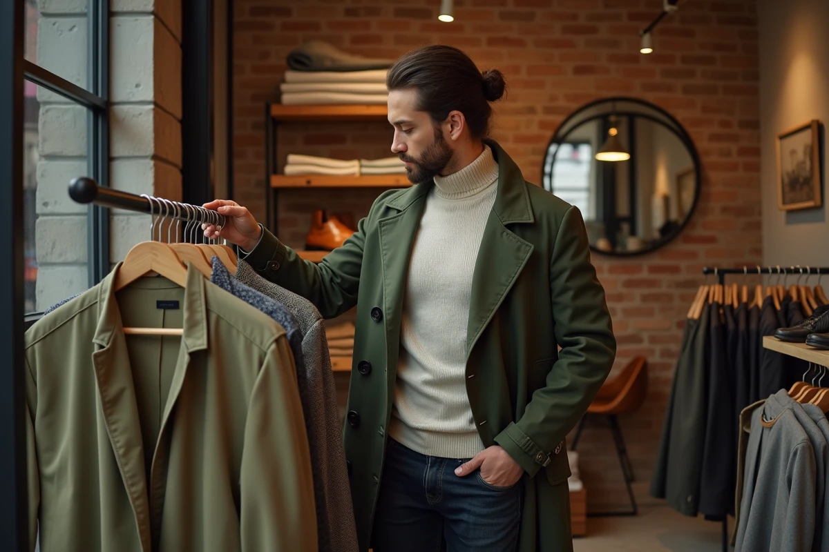 Homme en boutique vintage choisissant des pièces pour construire son style personnel iconique