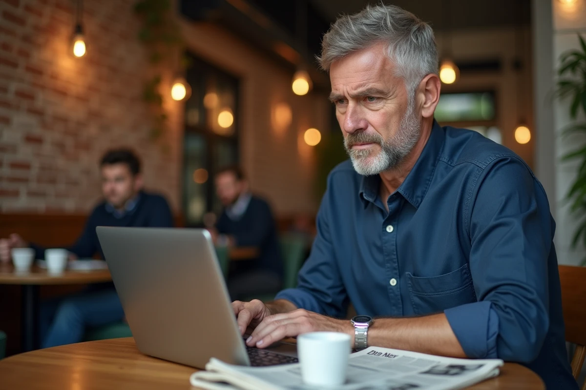 Homme d'âge moyen dans un café analysant les réseaux sociaux sur son ordinateur portable, symbolisant le débat numérique